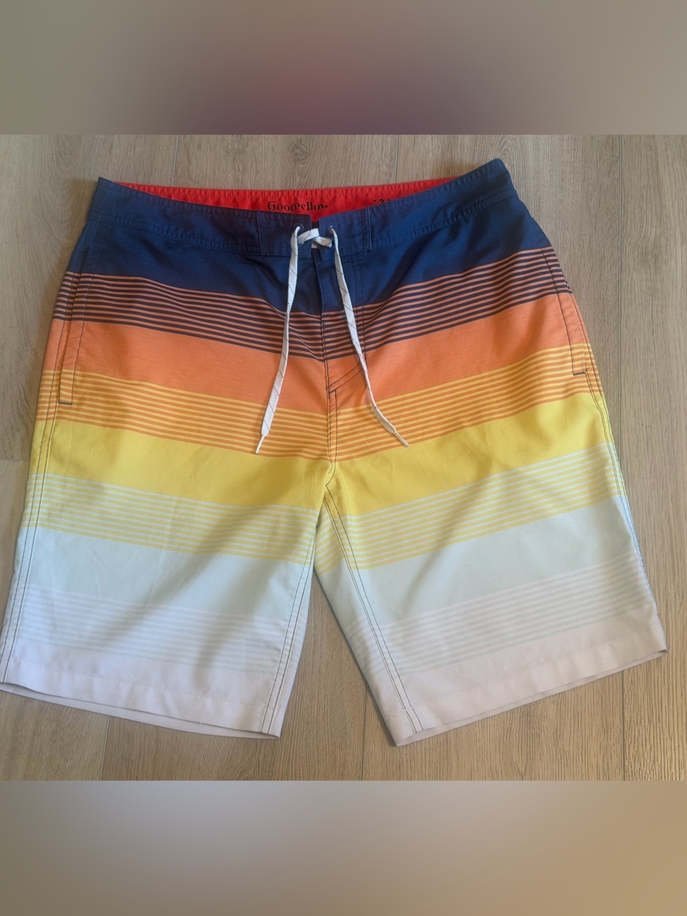 Goodfellow & Co Men’s Navy/Orange/Yellow/White Stripe Swim Shorts 34